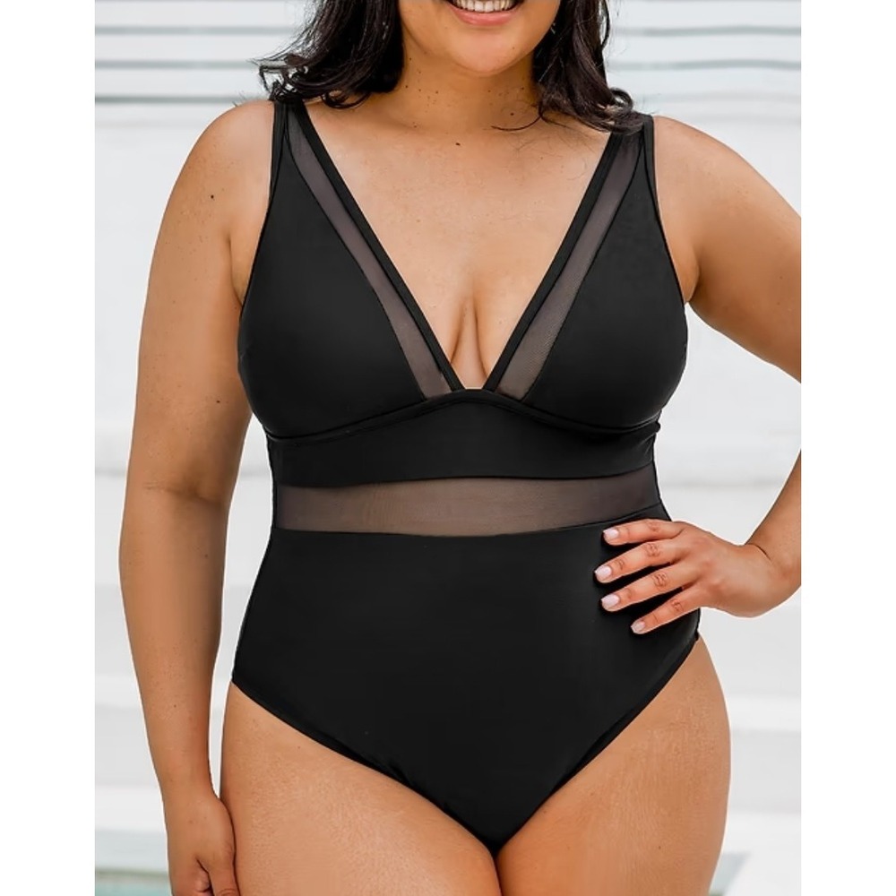 Cupshe Omniscient Solid Mesh Panel Tummy Control 3X Black Plus Size One Piece